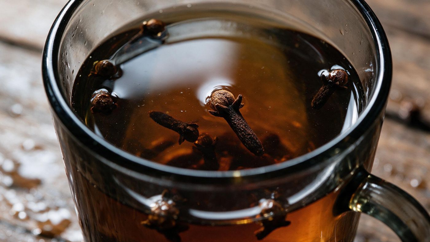 Tazza di vetro con infuso ambrato e chiodi di garofano